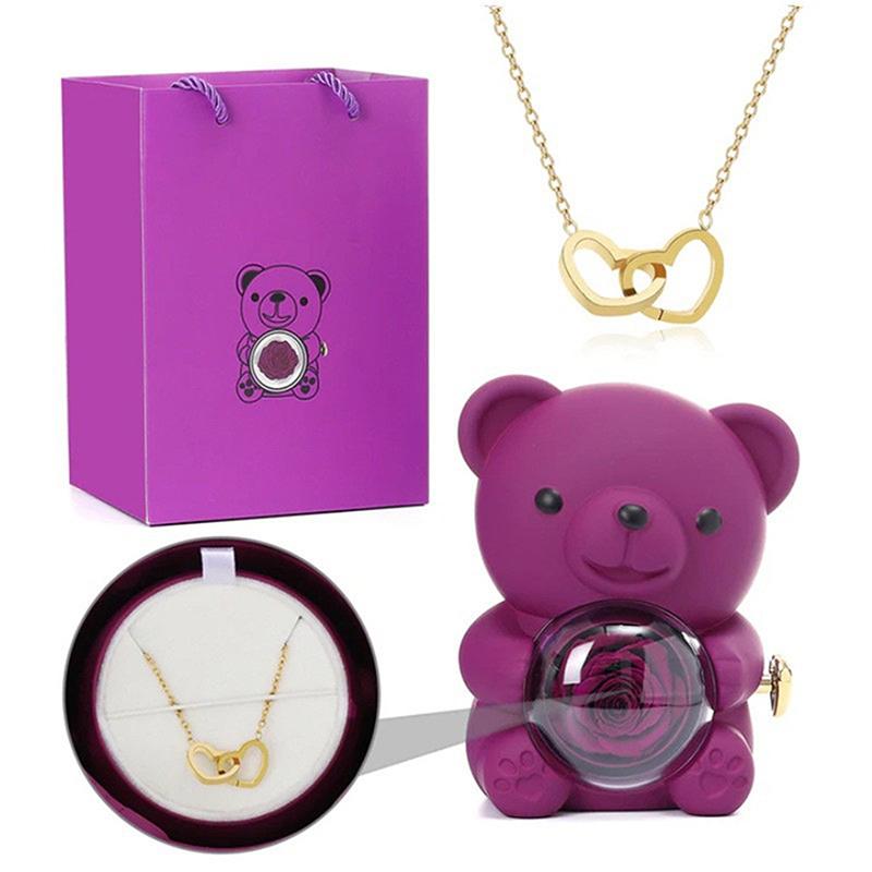 Creative Immortal Flower Rotating Rose Bear Jewelry Box Double Heart Necklace Valentine'S Day Romantic Gift For Women Girlfriend