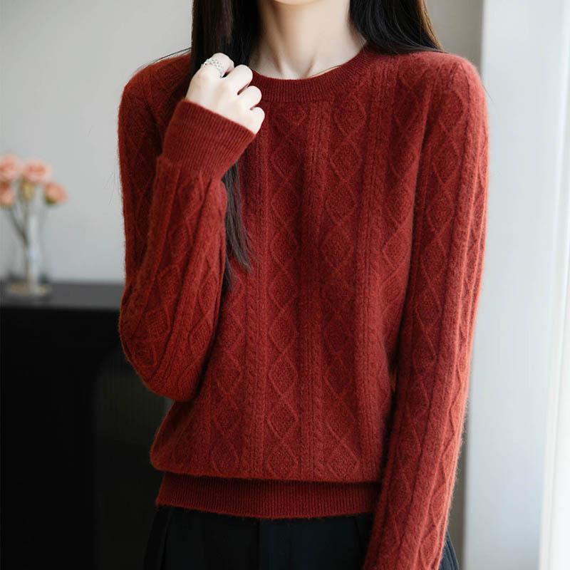 Australian Women's Retro Loose Wool Sweater - Diamond Cable Knit, Round Neck, 100% Pure Thick Wool, Autumn/Winter Collection