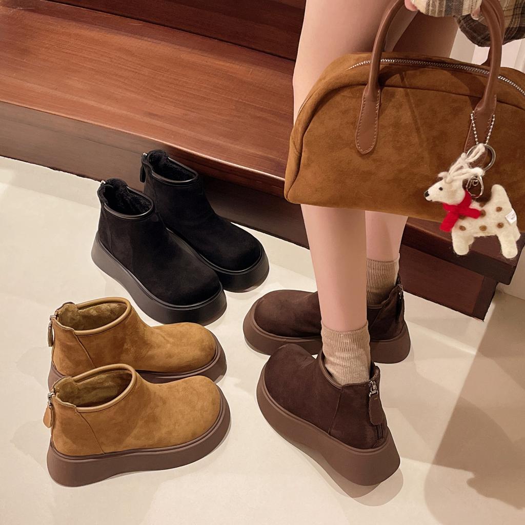 Frosted Real Soft Leather Big Head Thick-soled Muffin Martin Boots Women's 2025 Autumn and Winter Velvet Chimney Chelsea Short Boots Tide