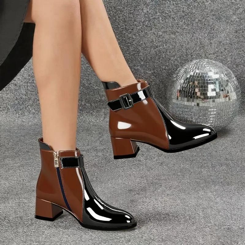 New Patent Leather Booties Spring And Autumn Pointed Toe Splice Side Zipper Waterproof And Non-Slip Women'S Shoes