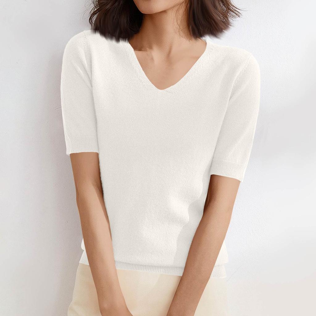 Women's Sweater T-Shirt Short Sleeve Knitted Tops Pullover V-Neck Sweater Lightweight Casual Color Sweater Elegant Spring Summer Tops