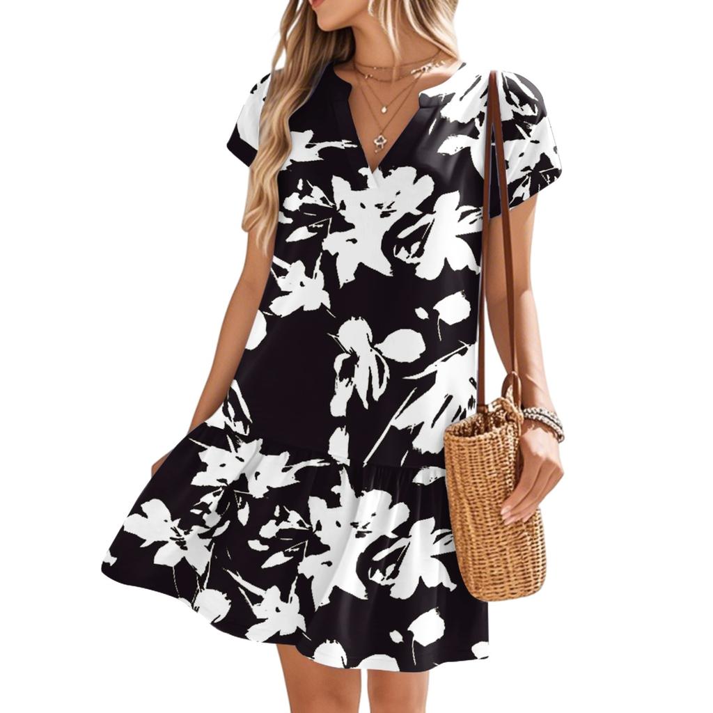 Women's Dresses Short Sleeve V-Neck Floral Printed Loose Casual Temperament Beach Dresses