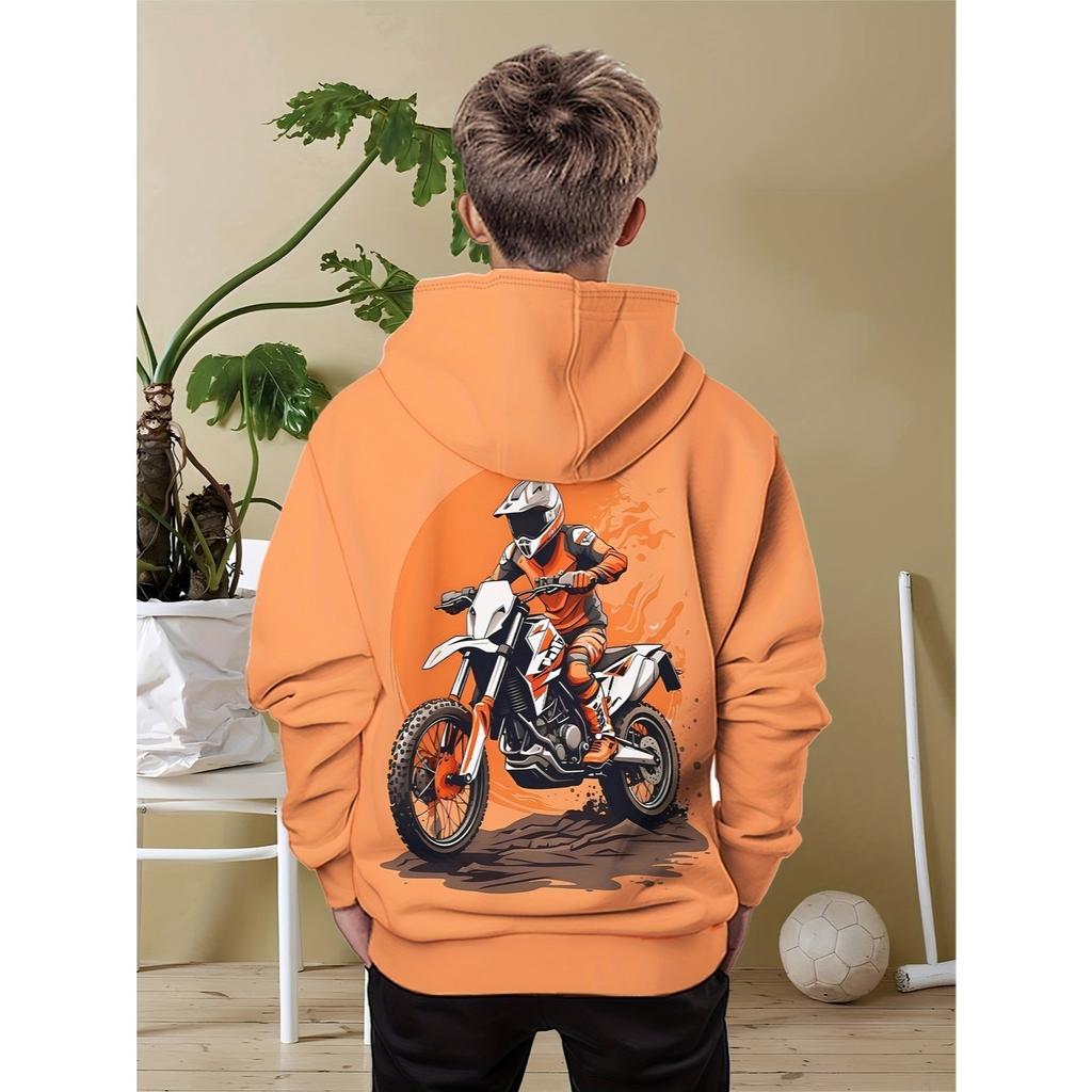 Boys' Orange Off road Motorcycle Rider Hoodie, Dynamic Printed Boys' Trendy Cool Casual Hoodie