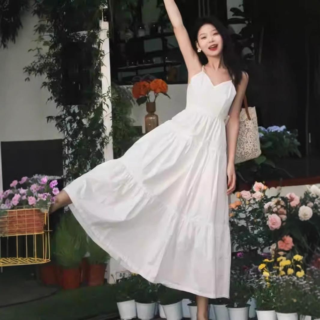 

Women s White Spaghetti Strap Summer Dress: Elegant French First Love Long Design L [Premium Version]