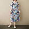 Real Shot Summer New Fat Mm Cotton and Linen Retro Flower Literary Over The Knee Medium and Long Dress Women