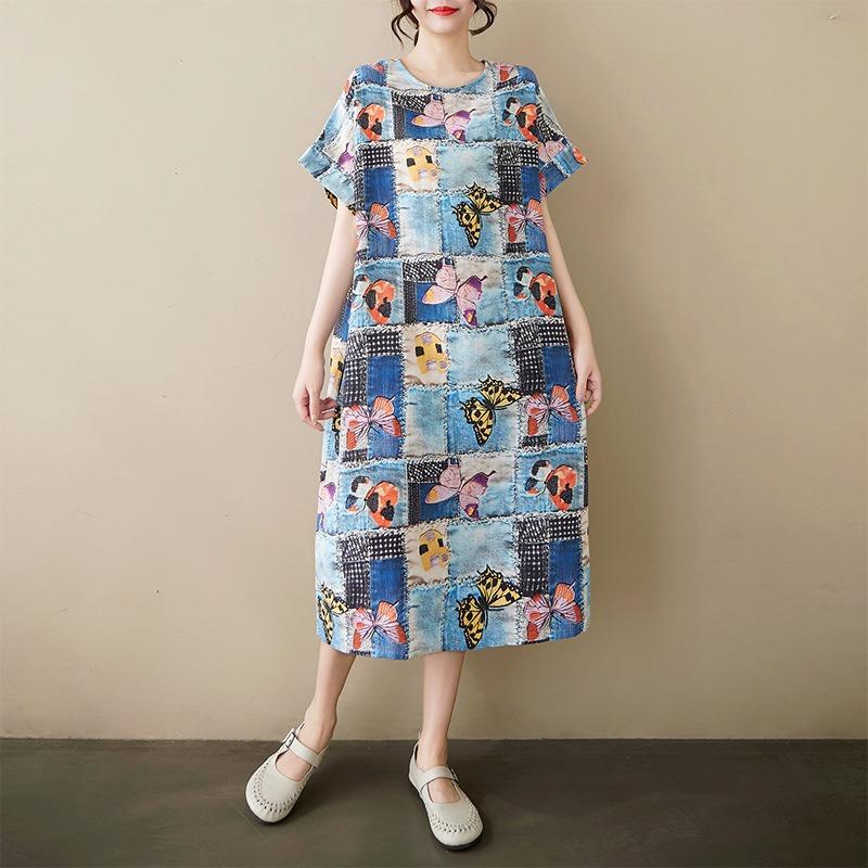 Real Shot Summer New Fat Mm Cotton and Linen Retro Flower Literary Over The Knee Medium and Long Dress Women
