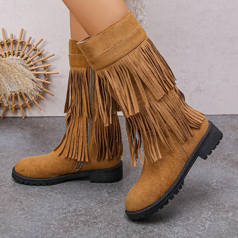 New Style Shoes: Suede Shoes, Fringed Boots, Women's Thick-heeled Side Zipper High Boots, Women's Shoes