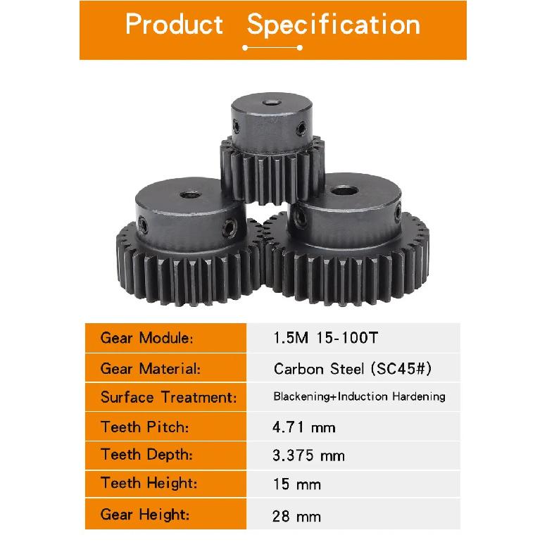 Spur Gear 1.5 Module-20T Blackening SC45#Carbon Steel  High Frequency Quenching Gear Bore Size 5/6/6.35/8/10/12/14/15 mm