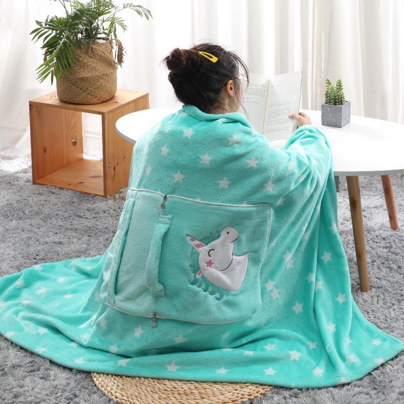 Unicorn Cartoon Pillow Blanket – Folding Cushion for Office or Student Naps, Spring & Autumn Use.