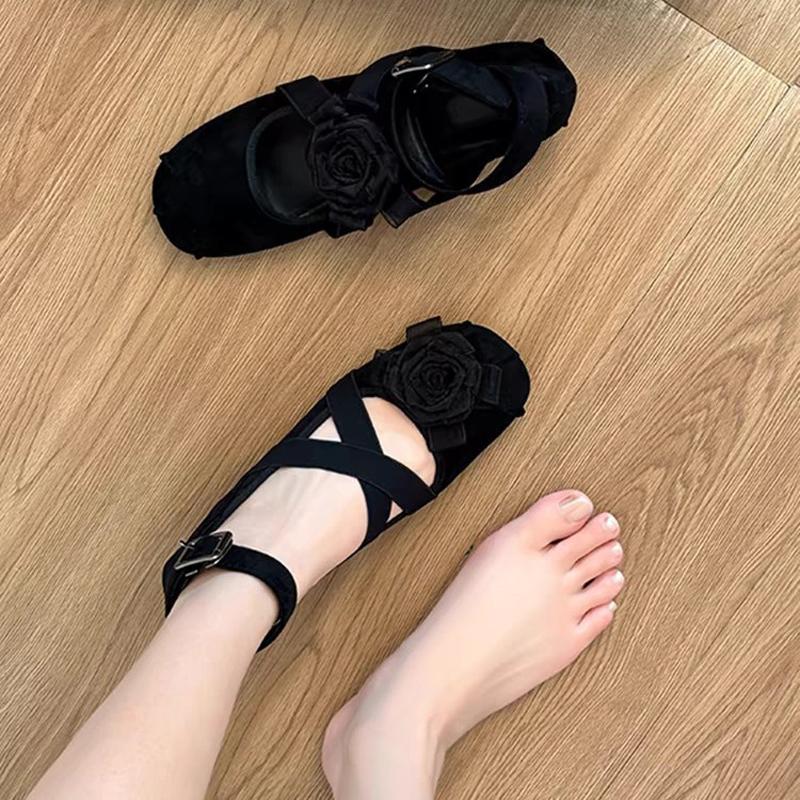 Fashion Elastic Cross Band Ballets Woman Belt Buckle Flats Shoes Lace Flower Mary Janes Ladies Flock Loafer Femme Bride Dance Ballerinas