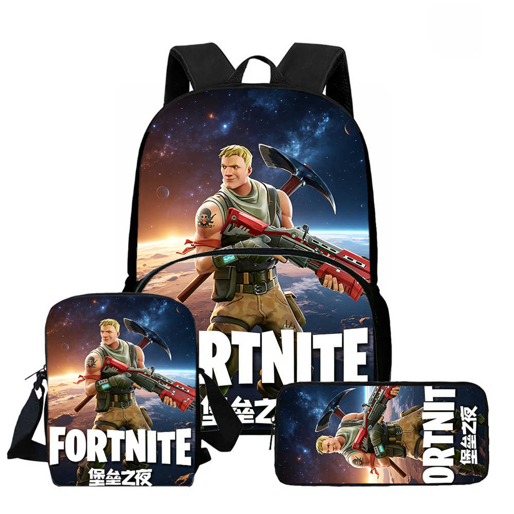 3Pcs Set School Backpack With Front Pocket & Crossbody Bag & Pencil Bag,Cartoon Fortnite For Age 6-10,Lightweight For Boys Girls