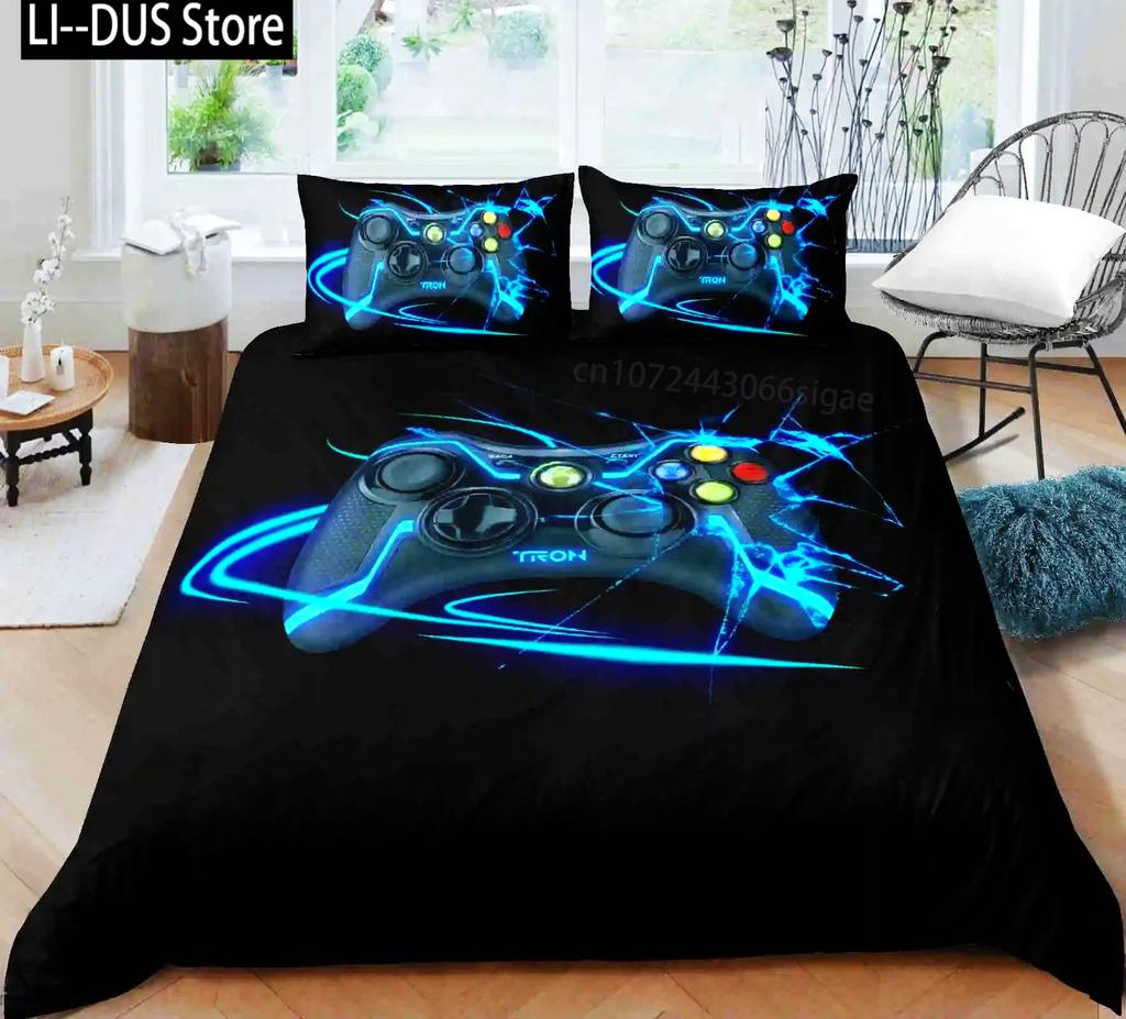 Set de lenjerie de pat pentru gamer pentru dormitor, moale, modern, cu gamepad, cuverturi confortabile pentru copii, husă de plapumă, husă de pilotă cu jocuri video și față de pernă