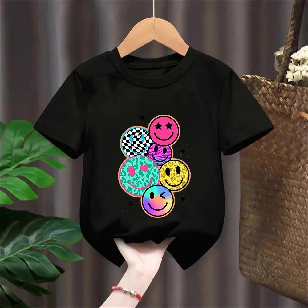 Kids Cartoon Smiley Face Print Shortsleeved Tshirt Casual and Versatile Style Suitable for Childrens Outings and Daily Wear