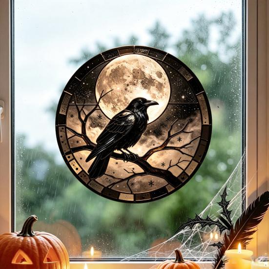 Waterproof PVC Wall Art Halloween Raven Moon Static Glass Sticker, Removable Window Decals, Vintage Dead Branch Murals Crow Cling for Home