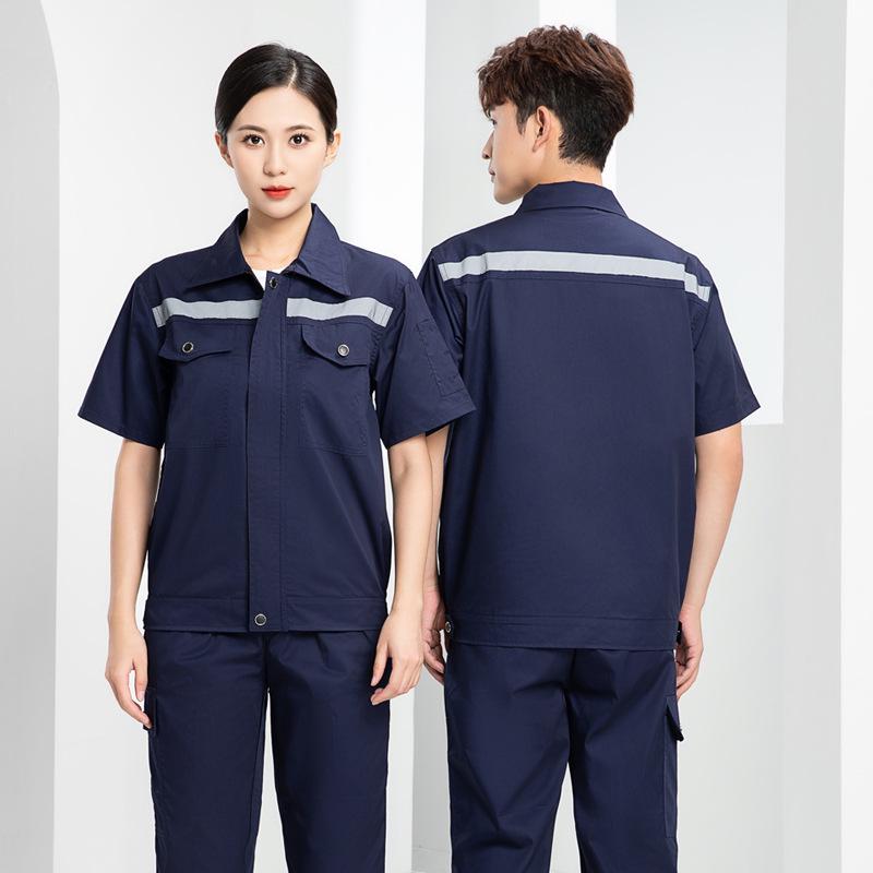 Summer Lightweight Polyester Cotton Reflective Workwear Set - Long Sleeve Protective Clothing for Construction and Workshop Use.