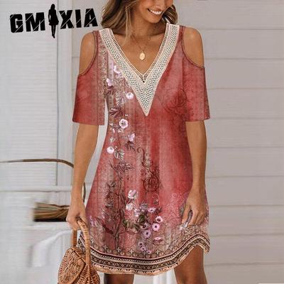 Robe T-shirt imprimée sans bretelles à col en V pour femme Robes à col en dentelle