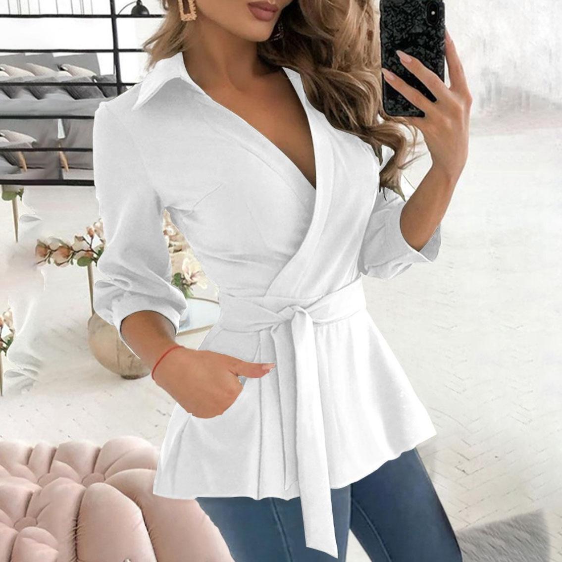 

Danmo весенне-осенняя элегантная женская рубашка с длинным рукавом и v-образным вырезом с поясом, большие размеры L белый