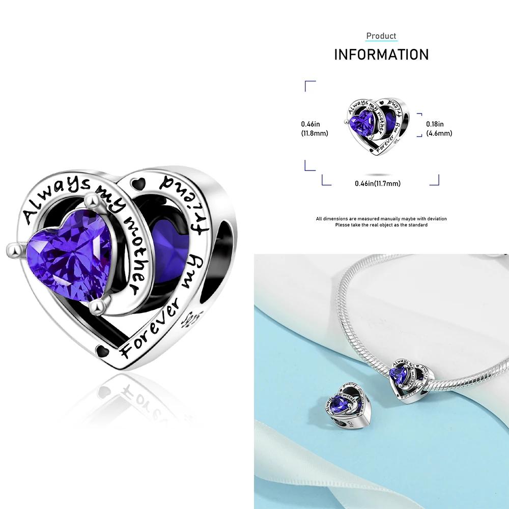 Copper 12 Months Birthstone Heart-Shaped Beads Charms Fit Original Bracelet Charm Beads Necklace Diy Female Jewelry