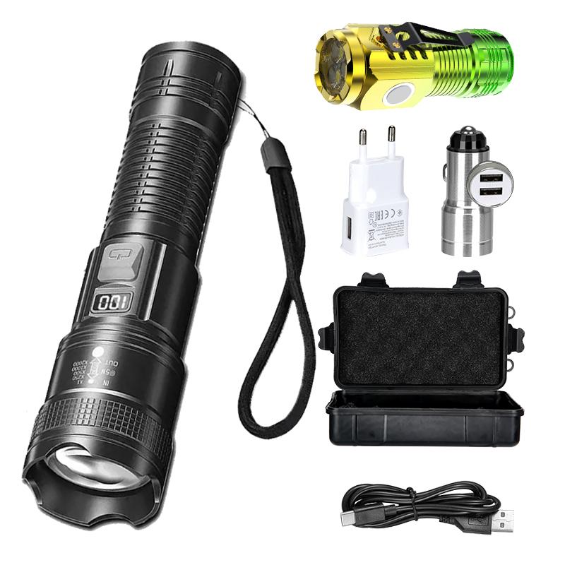 Szuper Fényes LED Zseblámpa USB Újratölthető Zseblámpák Taktikai Zoommal Nagy Teljesítményű Reflektor Kültéri Kempingezés Horgászat Fáklya