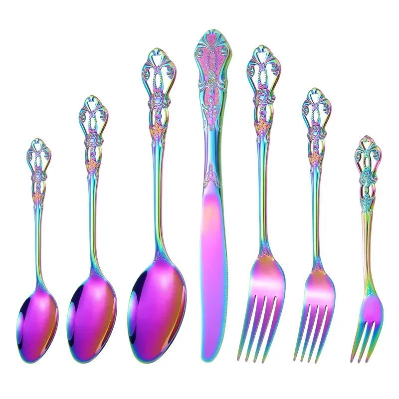 European Style Stainless Steel 4pcs Dinnerware Set - Retro Hollow Design Gold Spoon, Fork and Royal Steak Knife for Home Decor