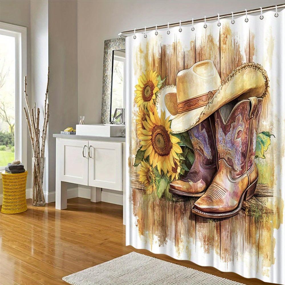 Western Rustic Cowboy Shower Curtain-Realistic Painterly Style, Brown Boots & Hat, Yellow Sunflowers, Textured Wood Background,