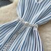 Summer Women Elegant V-neck Sleeveless Striped Knitted Sweater Party Dresses With Pearl Belt