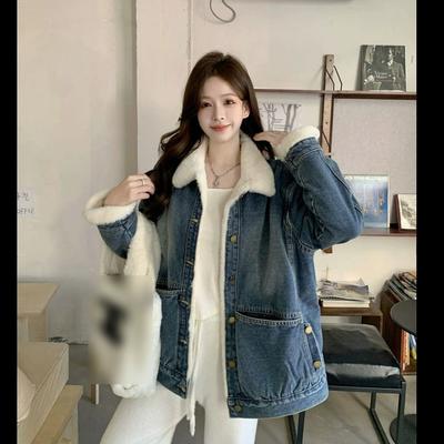 Denim Jacket Women's Plus Velvet Thick Warm Jacket Washed Denim Casual Large Loose Jacket