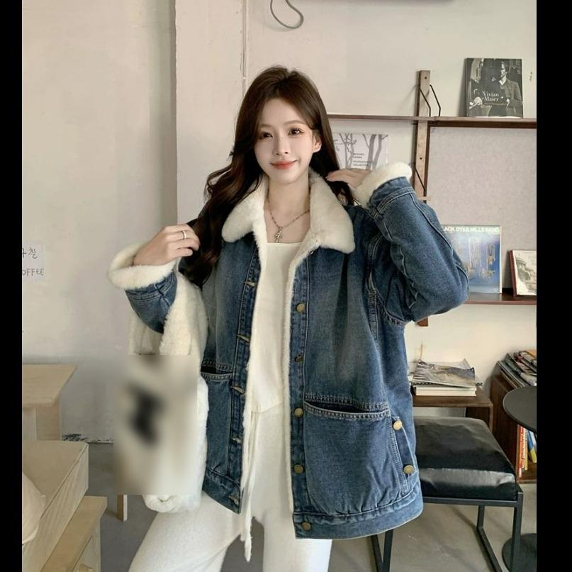 Denim Jacket Women's Plus Velvet Thick Warm Jacket Washed Denim Casual Large Loose Jacket