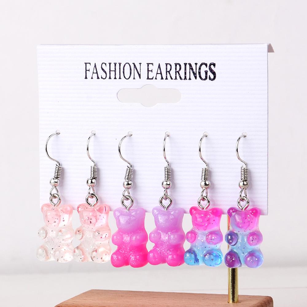 3 Pairs/Set Candy Color Acrylic Gummy Bear Drop Earrings for Women Korean Transparent Resin Jelly Bears Earring Sets Y2k Jewelry