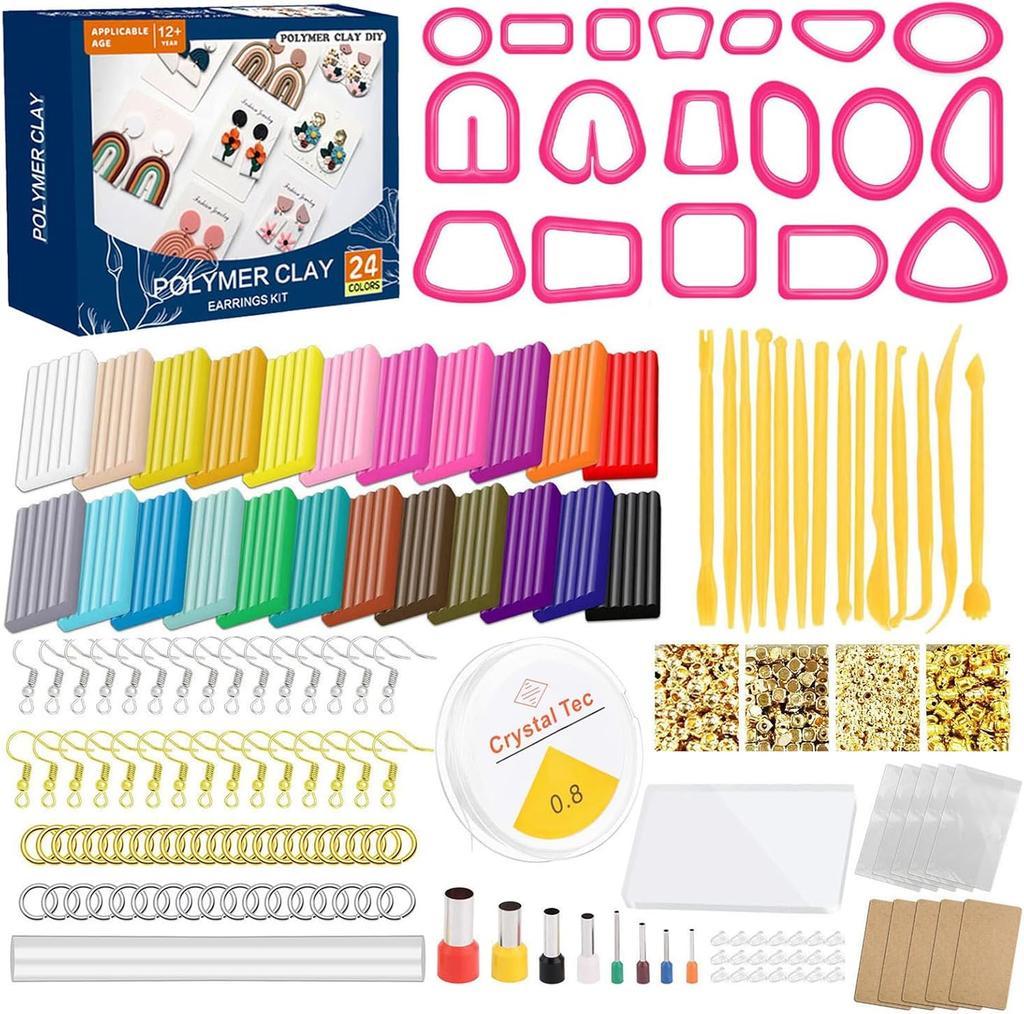Tonohrringe Herstellungsset, Polymer Ton Ohrringschneider mit Ohrringringen und Haken DIY Schmuckherstellungsset für Frauen Geburtstag Weihnachten Geschenk, 24 Farben