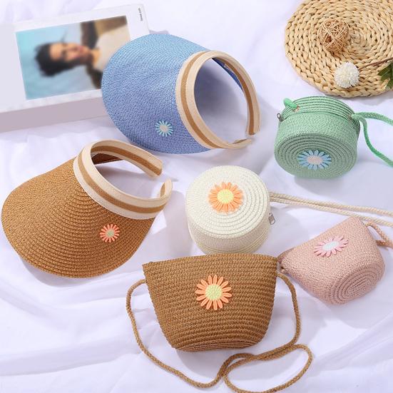 Children Shoulder Bag Straw Woven Flower Decor Pastoral Style Crossbody Bag Zipper Closure Adjustable Strap Sling Bag for Daily Party Work Dating