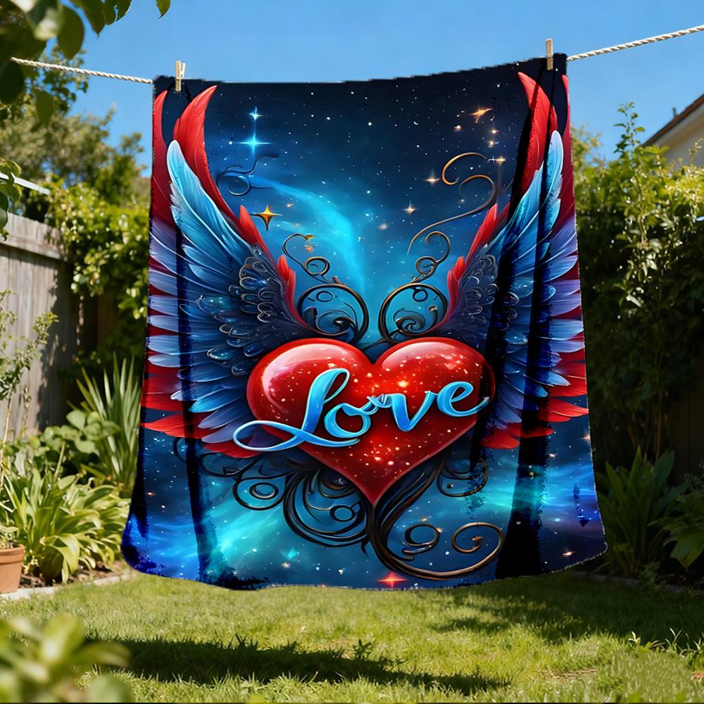 1pc Heart Wings Love Throw Blanket Polyester Fiber, Lightweight Flannel, Soft & Warm, All Season Use for Outdoor, Camping
