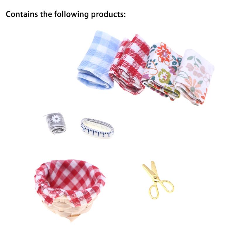 1Set Miniature Sewing Fabric Basket Ruler Scissors Home Model Decor Toy Doll House Accessories