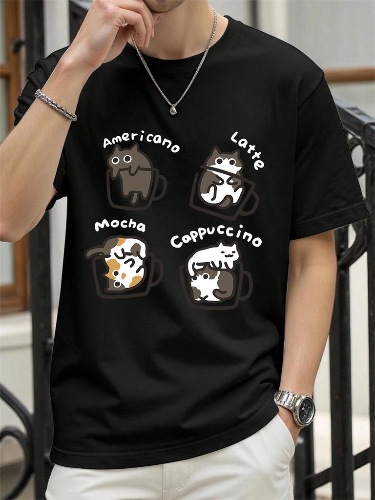 Cat Coffee Art Letter Printing TShirts Womens Cotton Summer Tops Soft Loose ONeck Short Sleeve T Shirts Casual Womans Clothes