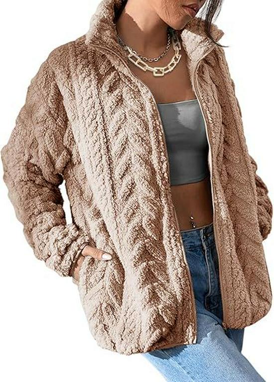 2026 Women's Solid Color Casual Zipper Cardigan with Stand Collar Fleece Jacket