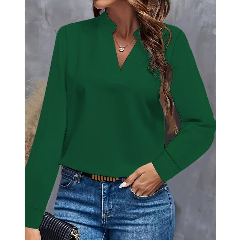 Blusas y camisas de manga larga con cuello en V y estampado de color sólido informal a la moda para mujer