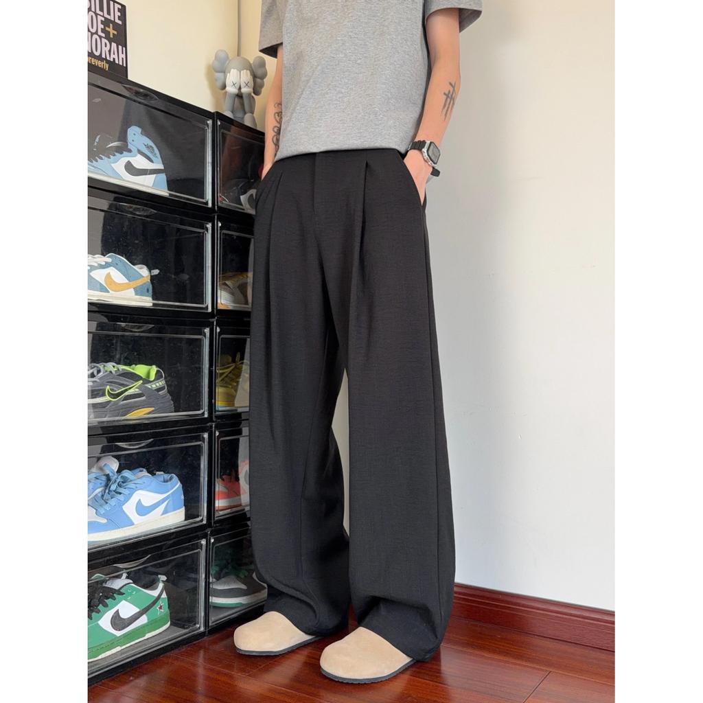 Solid color drape straight trousers men's trend loose wide legs fashion commuting summer slim casual versatile trousers
