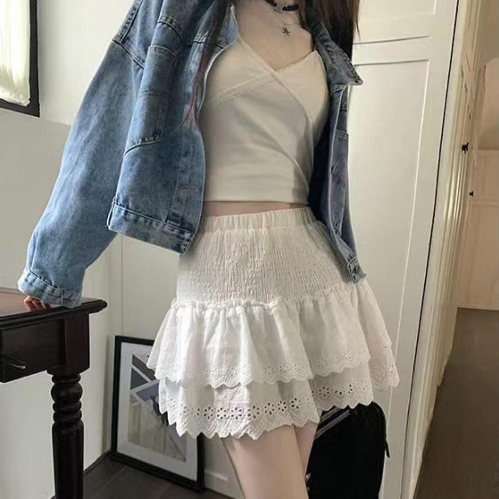 Women's Summer Casual Elastic Waist Short Tiered Skirts Solid Streetwear A Line Mini Skirt