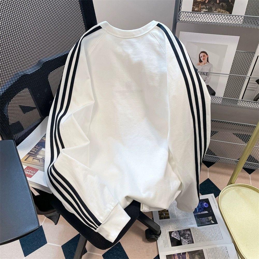 Women's 2024 Autumn/Winter Three-Stripe Fleece Sweatshirt - Casual Round Neck, Long Sleeve, Loose Fit.