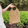 New Wooden Handle Rattan Handle Solid Color Hollow Handmade Cotton Rope Woven Bag Seaside Vacation Handbag Straw Bag