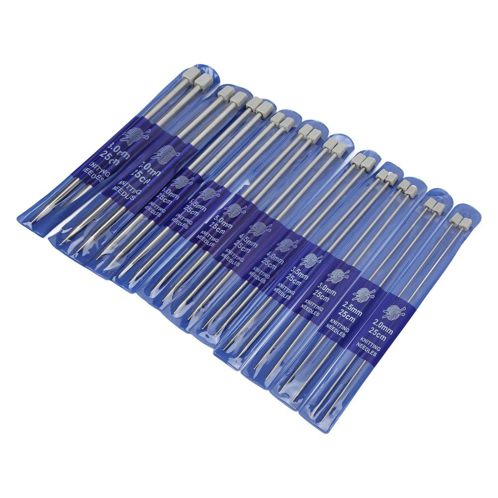 22 Pcs 25cm Length Straight Single Pointed Needles Metal Knitting Needles For Socks Knitting