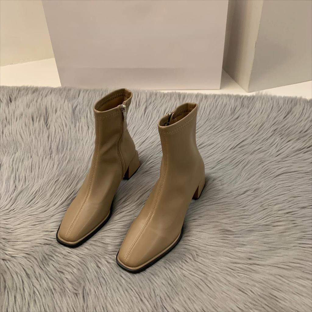 Herbst Winter Design Absatz Stiefelette Mode Eckige Zehe Reißverschluss Damen Lässige Chelsea Boots Schuhe Weiches Leder Kurzer Stiefel