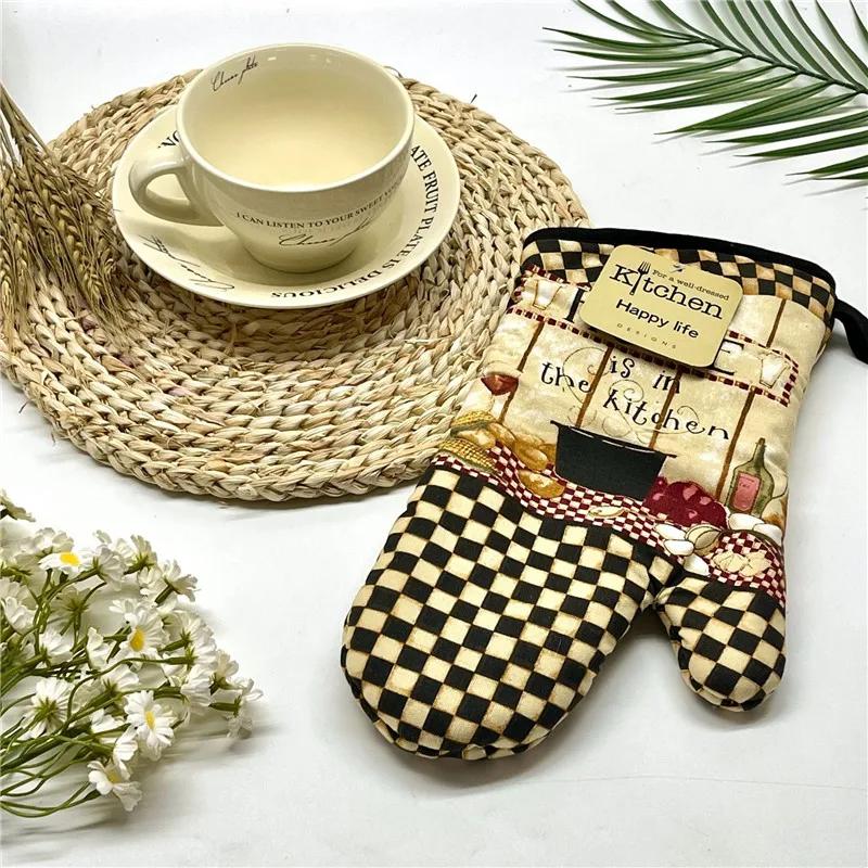 1Pc 18x33cm Cotton Retro Printed Thicken Kitchen Baking Oven Mitts Anti-Hot Microwave Insulation Glove Pad