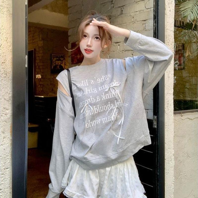 Autumn and Winter New Style Korean Design Bow Hollow Off-shoulder Letter Print Long-sleeved Off-shoulder Sweatshirt for Women