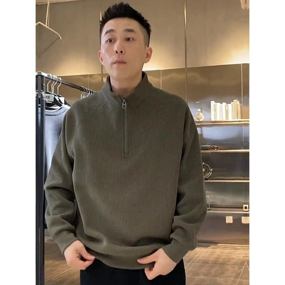 

New Texture Stand Up Collar Sweatshirt for Men with Half Zipper Simple Solid Color Versatile Loose Long Sleeved Casual Top XXXL сірий колір