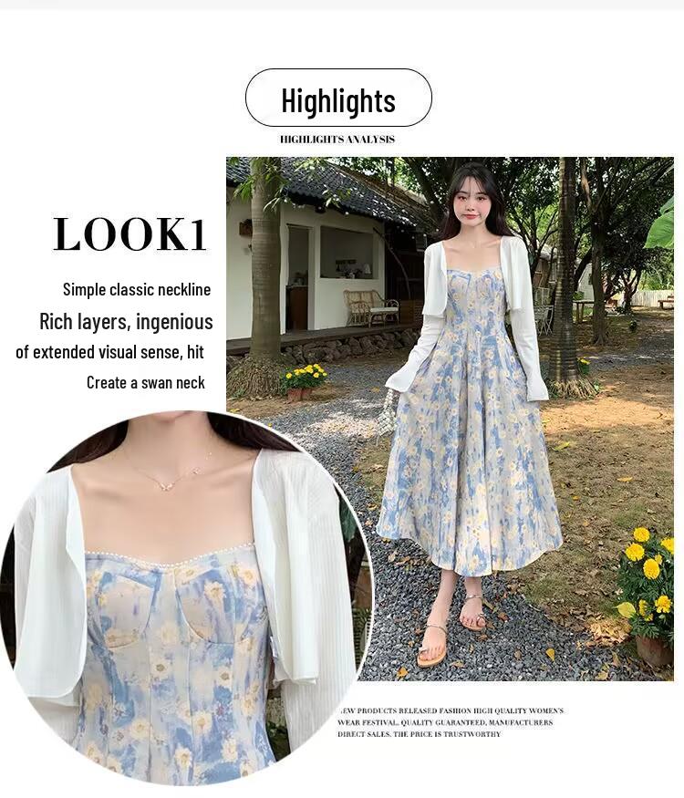 Damklänning 2025 Fransk Blå Blommig Spagettistropp Maxi - Sommar Midjesmalnande High-End Stil