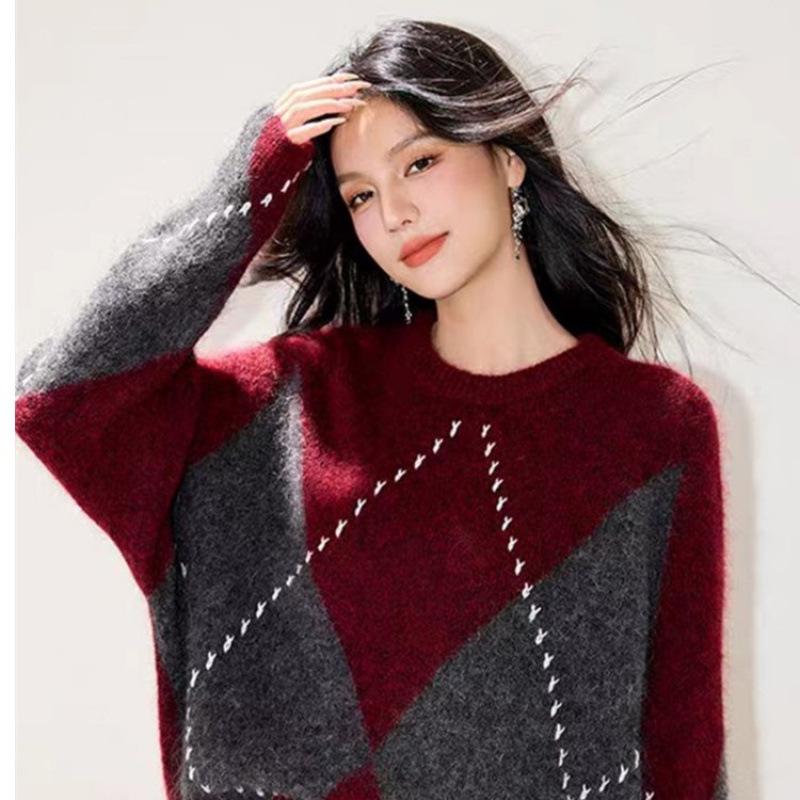 Women's Round Neck Wool Sweater: Thickened, Color Block, Diamond Pattern, Brushed Long Hair Knit, Loose Fit for Autumn/Winter
