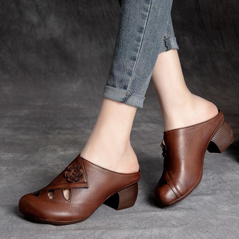 Fashion New Retro Women Slippers Soft Shoes Close Toe High Heels Slides Black Mules Flip Flops for Summer Medium Heel Slides