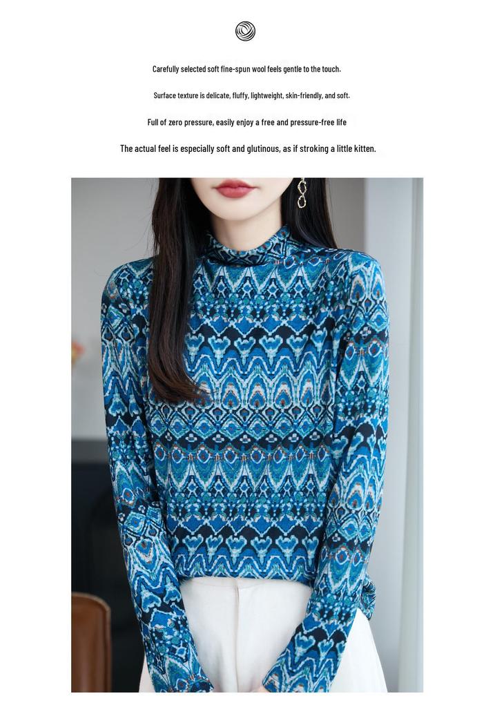 Women's Ethnic Retro Embroidered Wool Sweater – Half-High Collar Jacquard Knit for Autumn/Winter