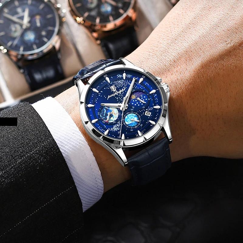 POEDAGAR Luxusní pánské náramkové hodinky Luminiscenční Vodotěsné Chronograf Datum Pánské hodinky Nerezová ocel/Kožený řemínek Pánské křemenné hodinky